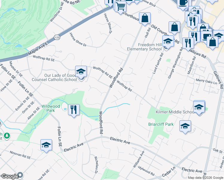 map of restaurants, bars, coffee shops, grocery stores, and more near 2055 Woodford Road in Vienna