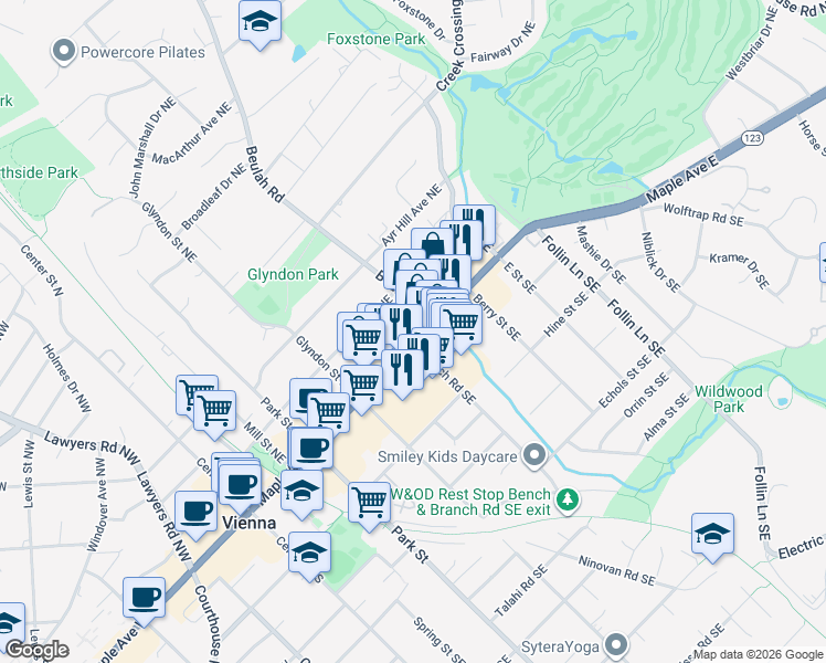 map of restaurants, bars, coffee shops, grocery stores, and more near 386 Maple Avenue East in Vienna