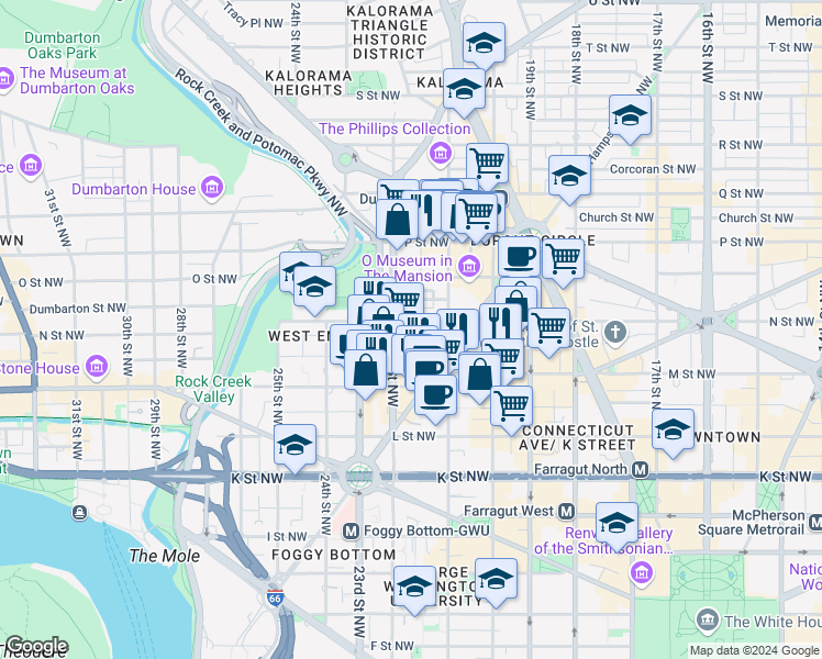 map of restaurants, bars, coffee shops, grocery stores, and more near 1280 21st Street Northwest in Washington