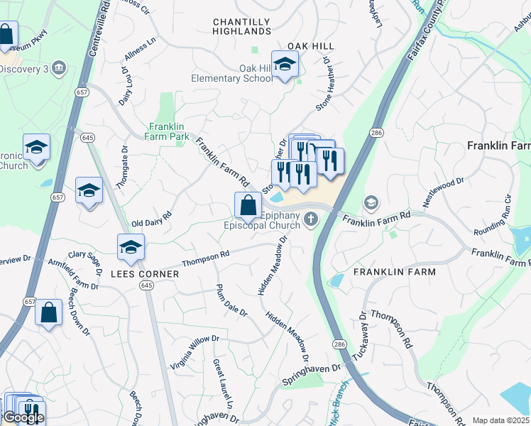 map of restaurants, bars, coffee shops, grocery stores, and more near 13430 Hidden Meadow Court in Herndon