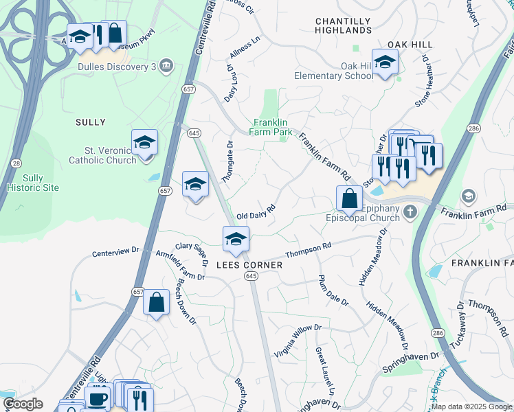 map of restaurants, bars, coffee shops, grocery stores, and more near 13620 Old Dairy Road in Herndon