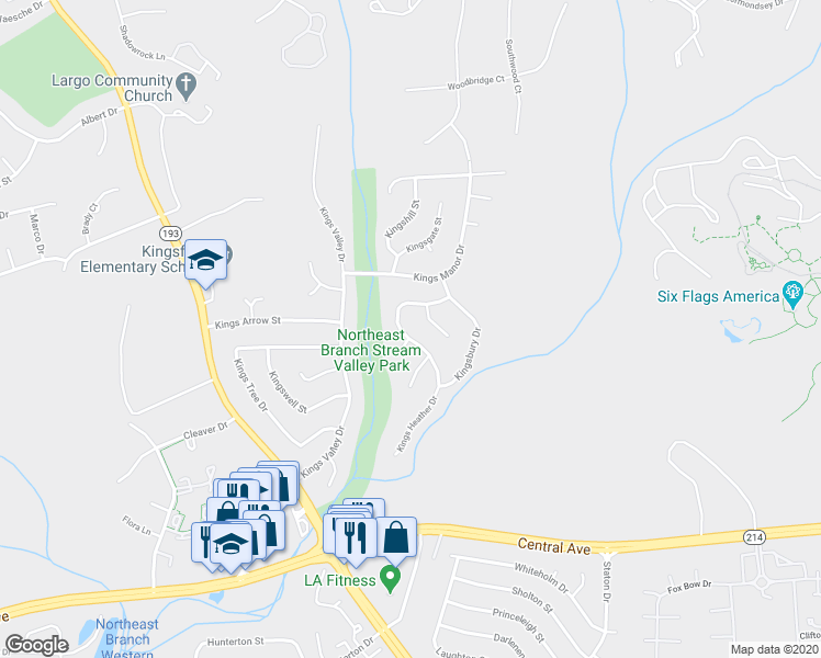 map of restaurants, bars, coffee shops, grocery stores, and more near 1207 Kings Heather Drive in Bowie