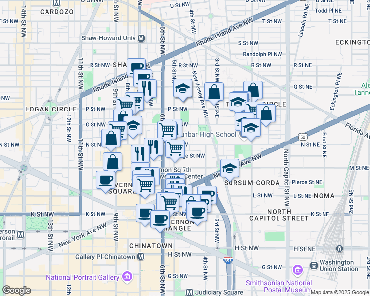 map of restaurants, bars, coffee shops, grocery stores, and more near 456 N Street Northwest in Washington