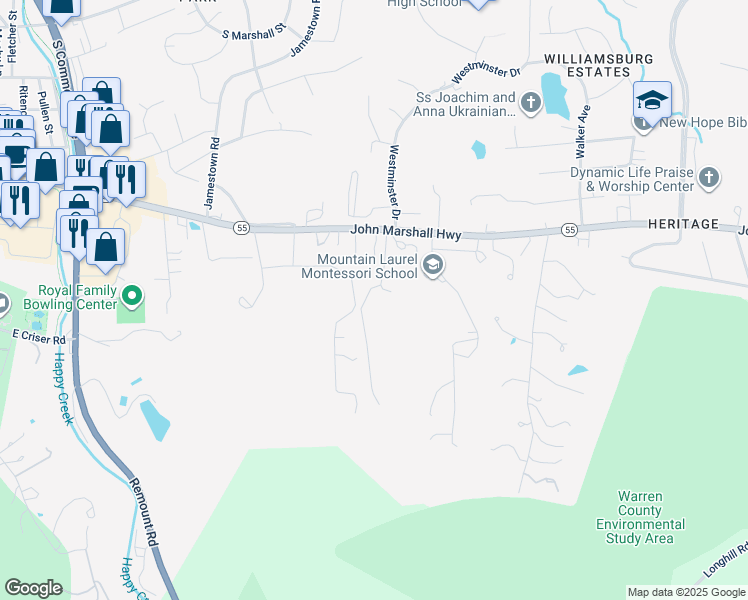 map of restaurants, bars, coffee shops, grocery stores, and more near 227 Summit Drive in Front Royal