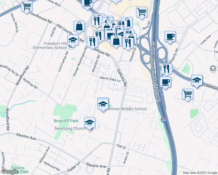 map of restaurants, bars, coffee shops, grocery stores, and more near 2039 Gallows Tree Court in Vienna