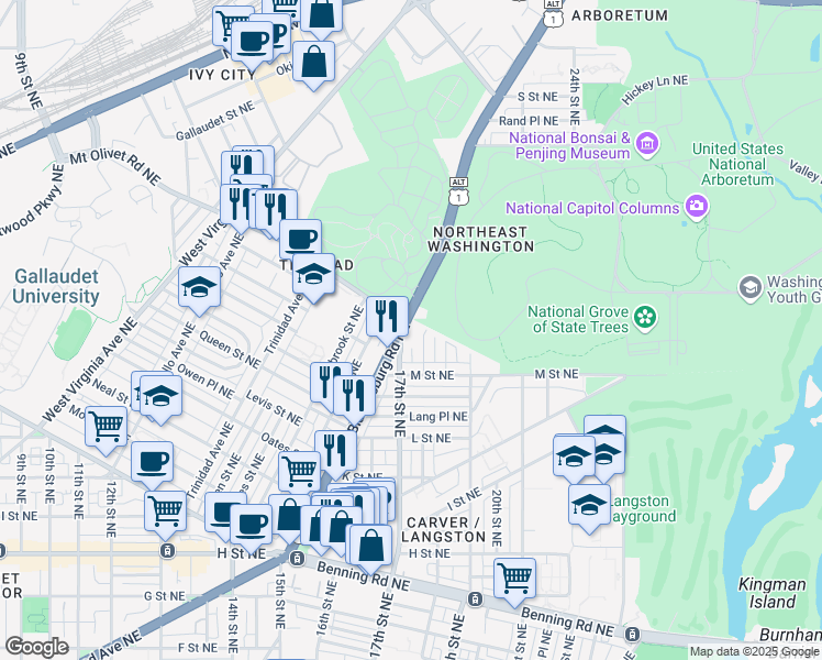 map of restaurants, bars, coffee shops, grocery stores, and more near 1251 Bladensburg Road Northeast in Washington