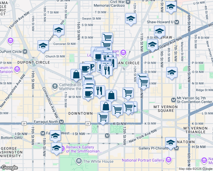 map of restaurants, bars, coffee shops, grocery stores, and more near 1200 14th Street Northwest in Washington