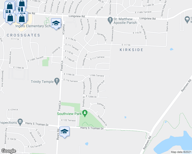 map of restaurants, bars, coffee shops, grocery stores, and more near 7909 East 119 Terrace in Grandview