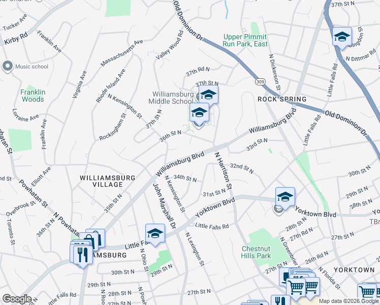 map of restaurants, bars, coffee shops, grocery stores, and more near 5519 Williamsburg Boulevard in Arlington