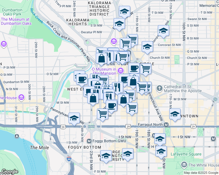 map of restaurants, bars, coffee shops, grocery stores, and more near 2114 N Street Northwest in Washington