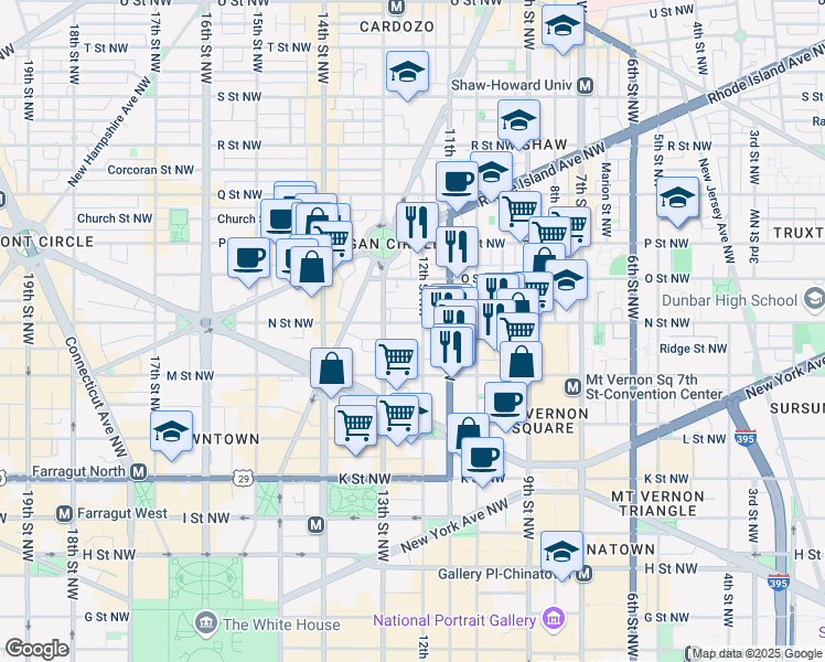 map of restaurants, bars, coffee shops, grocery stores, and more near 1241 12th Street Northwest in Washington