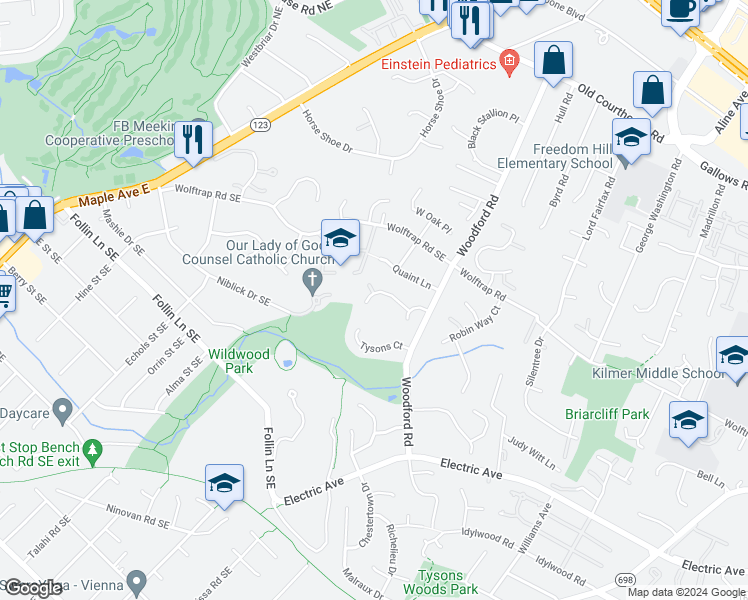 map of restaurants, bars, coffee shops, grocery stores, and more near 8515 Rehoboth Court in Vienna