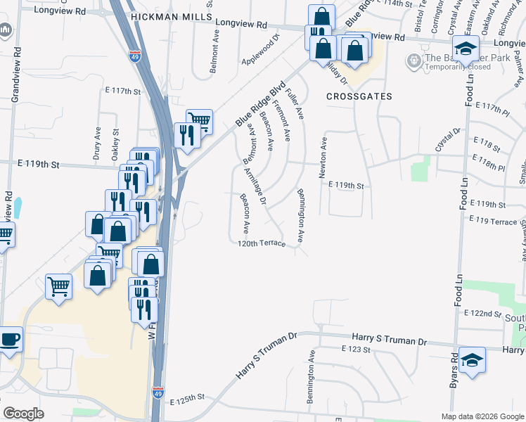 map of restaurants, bars, coffee shops, grocery stores, and more near 11918 Armitage Drive in Grandview