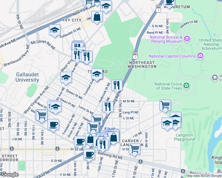 map of restaurants, bars, coffee shops, grocery stores, and more near 101 Independence Avenue Southeast in Washington