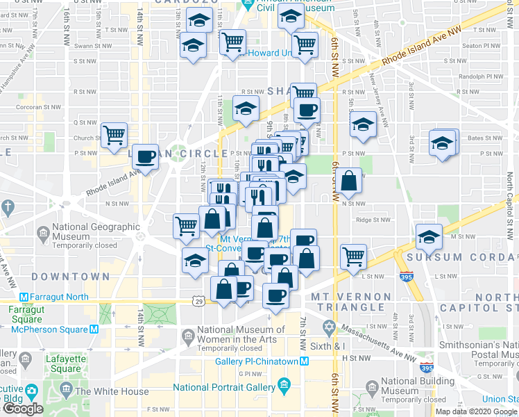 map of restaurants, bars, coffee shops, grocery stores, and more near 101 Independence Avenue Southeast in Washington