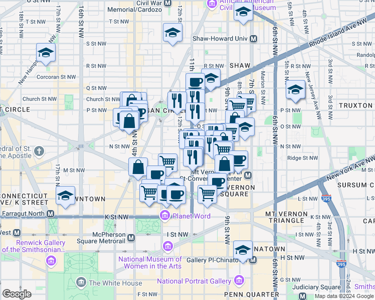 map of restaurants, bars, coffee shops, grocery stores, and more near 1246 11th Street Northwest in Washington