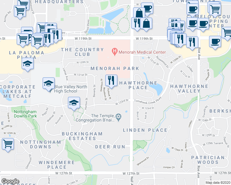 map of restaurants, bars, coffee shops, grocery stores, and more near 5500 West 123rd Street in Leawood