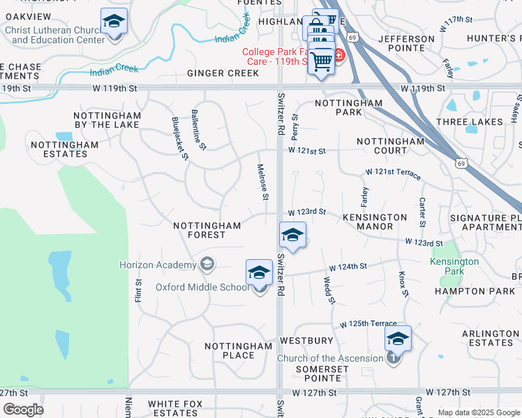 map of restaurants, bars, coffee shops, grocery stores, and more near 10508 West 123rd Street in Overland Park