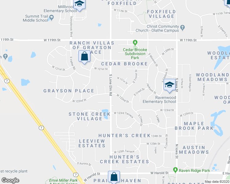 map of restaurants, bars, coffee shops, grocery stores, and more near 21490 West 122nd Street in Olathe