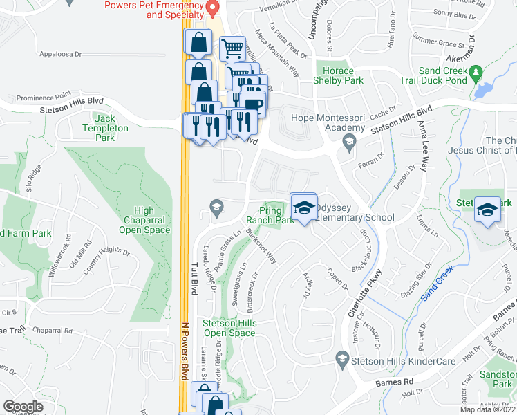 map of restaurants, bars, coffee shops, grocery stores, and more near 5256 Prairie Grass Lane in Colorado Springs