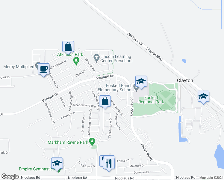 map of restaurants, bars, coffee shops, grocery stores, and more near 1641 Calabasa Drive in Lincoln