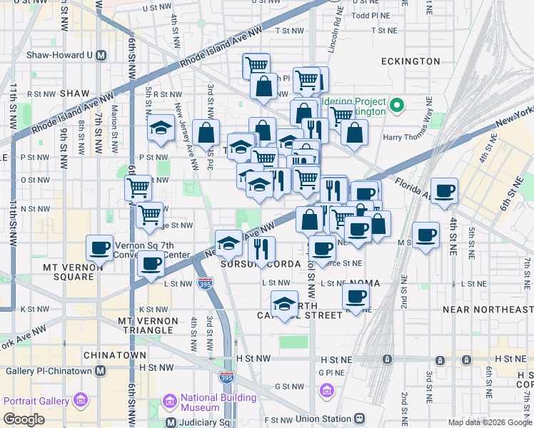map of restaurants, bars, coffee shops, grocery stores, and more near 101 Independence Avenue Southeast in Washington