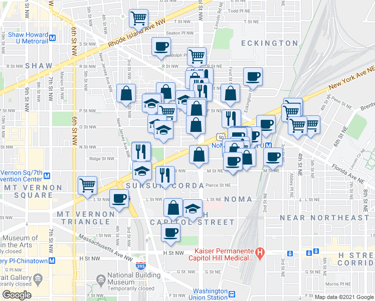 map of restaurants, bars, coffee shops, grocery stores, and more near New York Avenue Northwest & N Street Northwest in Washington
