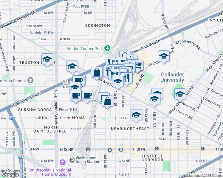 map of restaurants, bars, coffee shops, grocery stores, and more near 331 Florida Avenue Northeast in Washington