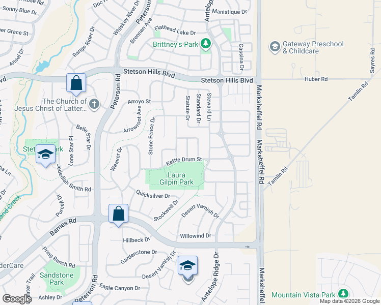 map of restaurants, bars, coffee shops, grocery stores, and more near 7664 Stormy Way in Colorado Springs