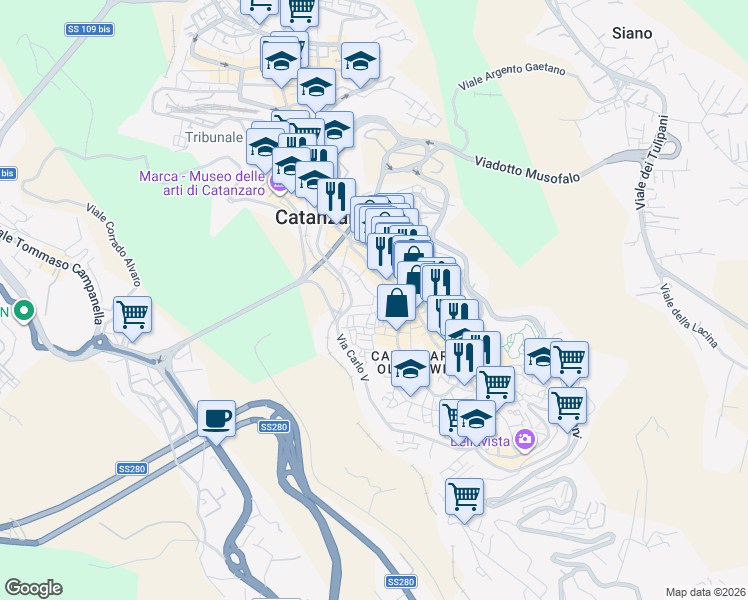map of restaurants, bars, coffee shops, grocery stores, and more near 28A Via Scalfaro in Catanzaro