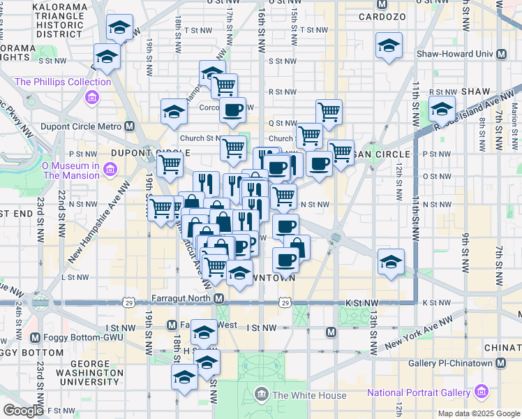 map of restaurants, bars, coffee shops, grocery stores, and more near Scott Circle Northwest in Washington