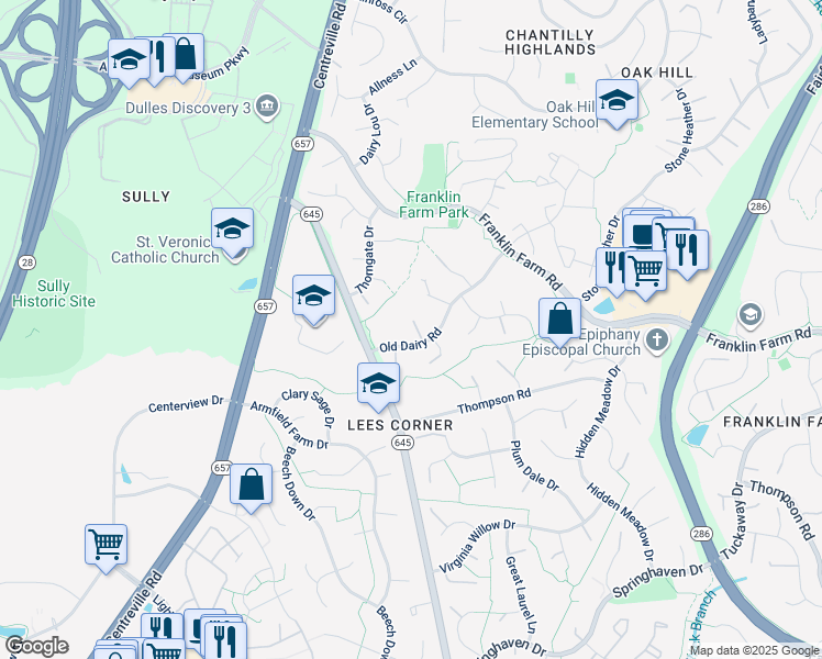 map of restaurants, bars, coffee shops, grocery stores, and more near 13620 Old Dairy Road in Herndon