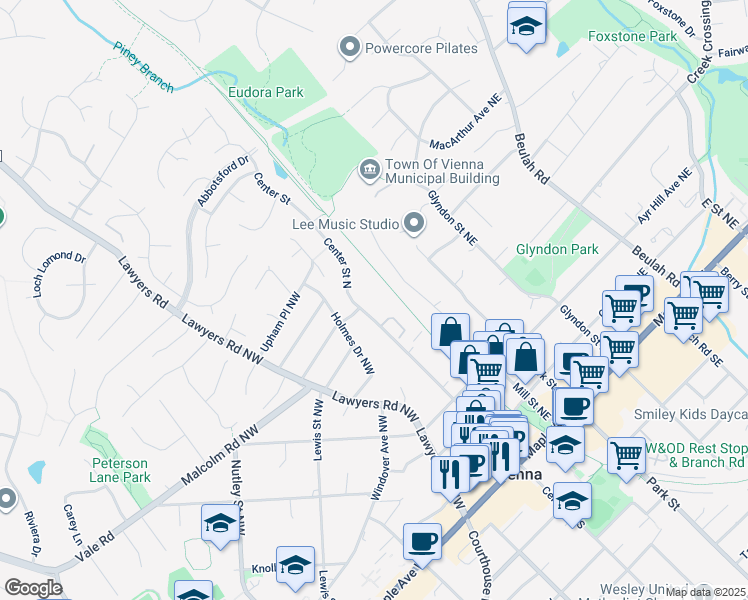 map of restaurants, bars, coffee shops, grocery stores, and more near 375 Center Street in Vienna