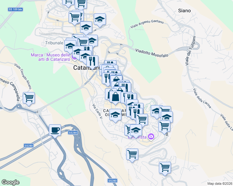 map of restaurants, bars, coffee shops, grocery stores, and more near 150 Corso G. Mazzini in Catanzaro