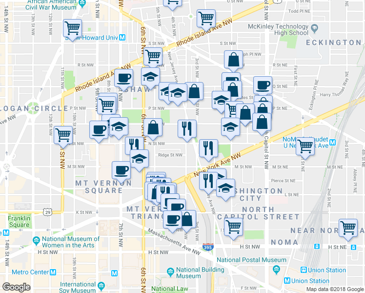 map of restaurants, bars, coffee shops, grocery stores, and more near 404 N Street Northwest in Washington