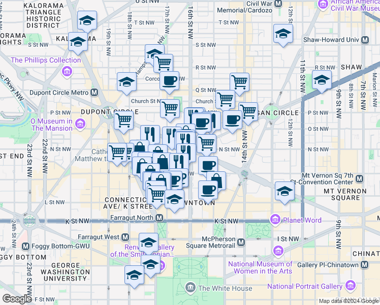 map of restaurants, bars, coffee shops, grocery stores, and more near Scott Circle Northwest in Washington