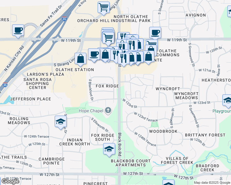 map of restaurants, bars, coffee shops, grocery stores, and more near 12213 South Foxridge Drive in Olathe
