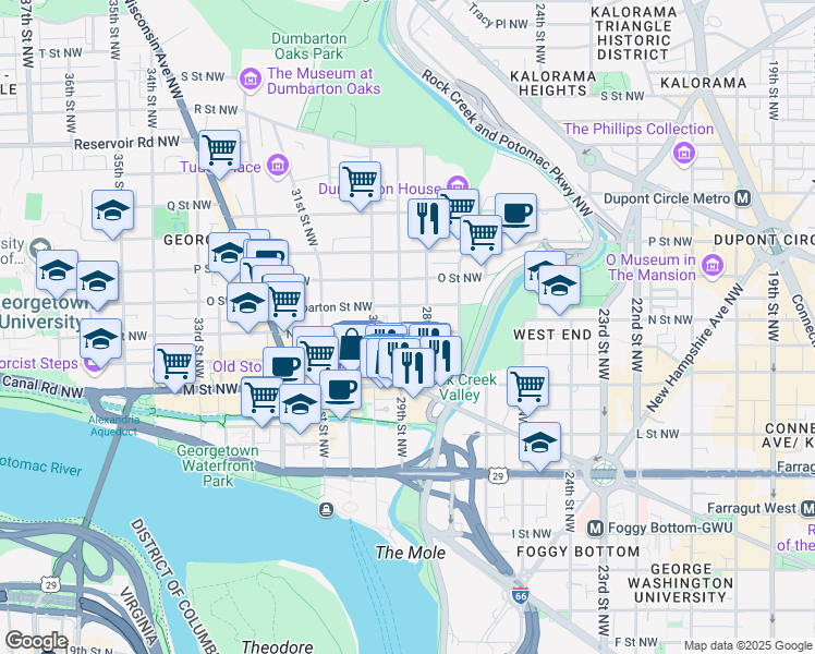 map of restaurants, bars, coffee shops, grocery stores, and more near 2823 N Street Northwest in Washington