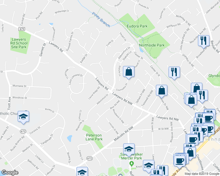 map of restaurants, bars, coffee shops, grocery stores, and more near 9701 Counsellor Drive in Vienna