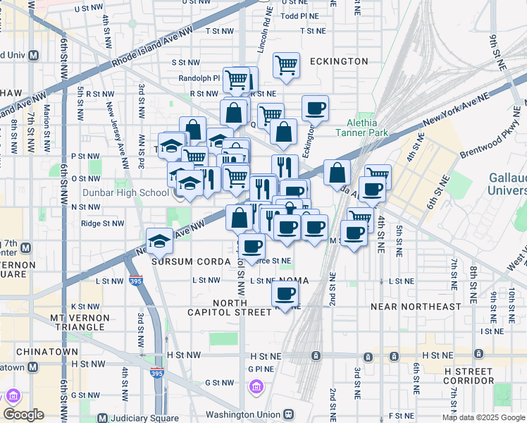 map of restaurants, bars, coffee shops, grocery stores, and more near 33 N Street Northeast in Washington