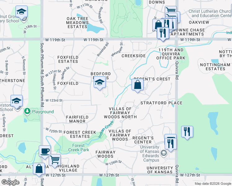map of restaurants, bars, coffee shops, grocery stores, and more near 12221 Westgate Street in Overland Park