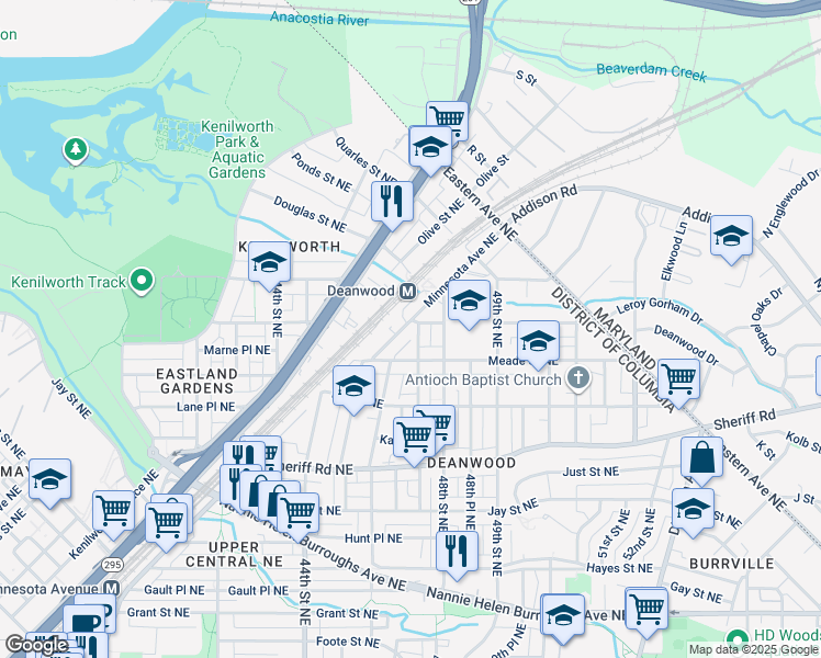 map of restaurants, bars, coffee shops, grocery stores, and more near 4625 Nash Street Northeast in Washington