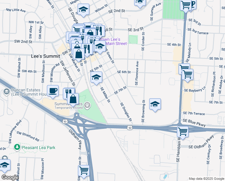 map of restaurants, bars, coffee shops, grocery stores, and more near 610 Southeast Douglas Street in Lee's Summit