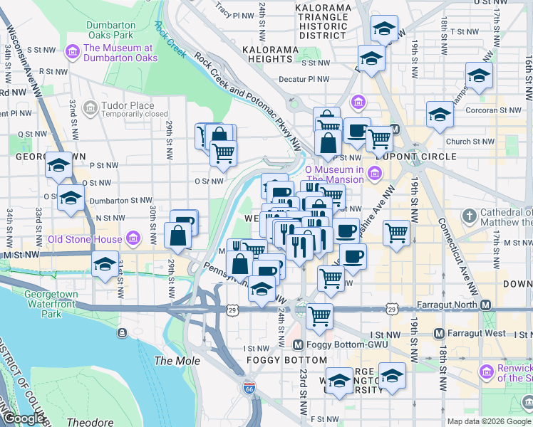 map of restaurants, bars, coffee shops, grocery stores, and more near 2400 N Street Northwest in Washington