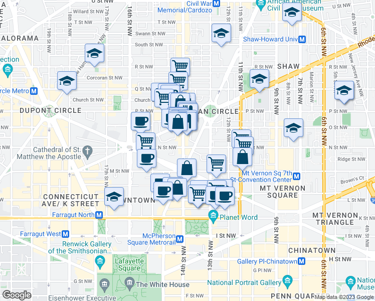 map of restaurants, bars, coffee shops, grocery stores, and more near 1226 Vermont Avenue Northwest in Washington
