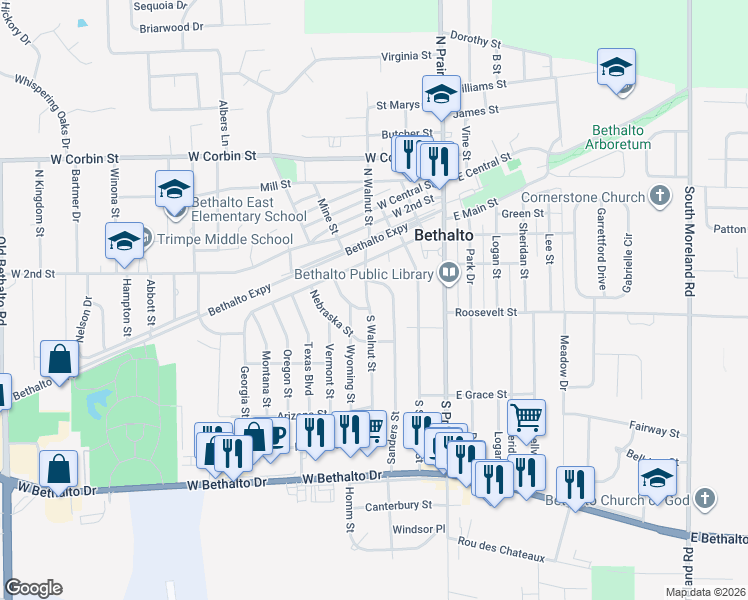 map of restaurants, bars, coffee shops, grocery stores, and more near 309 South Walnut Street in Bethalto