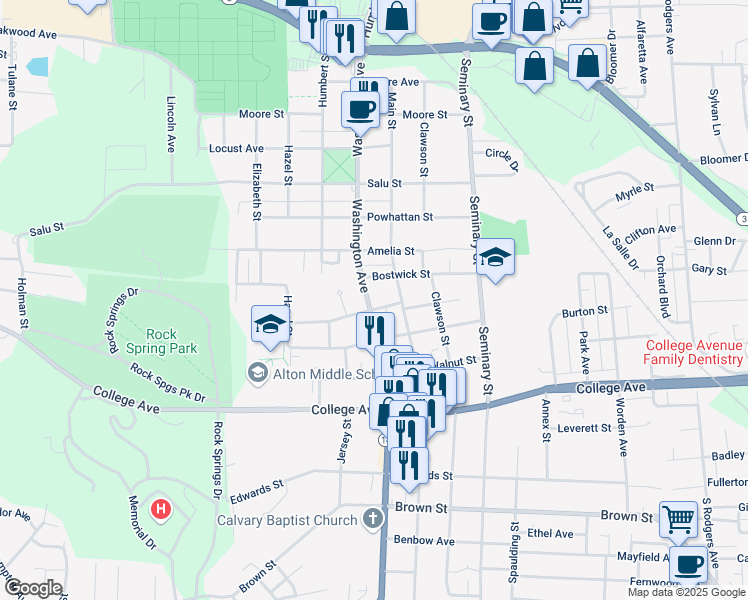 map of restaurants, bars, coffee shops, grocery stores, and more near 2005 Washington Avenue in Alton