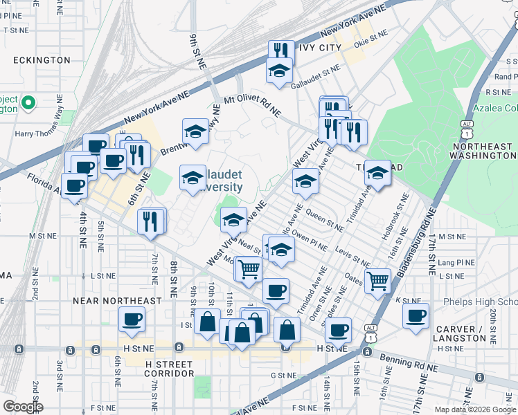 map of restaurants, bars, coffee shops, grocery stores, and more near 1400 West Virginia Avenue Northeast in Washington