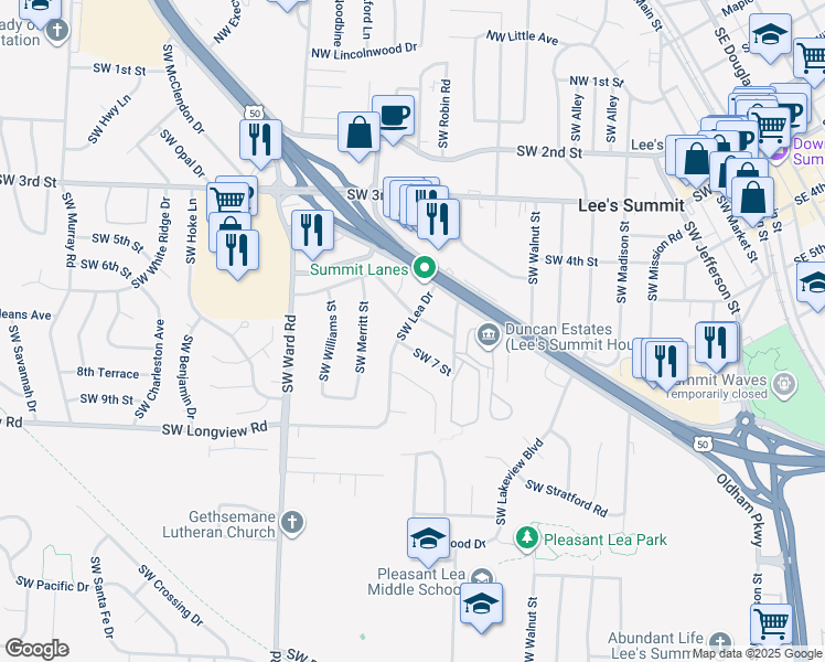 map of restaurants, bars, coffee shops, grocery stores, and more near 603 Southwest Lea Drive in Lee's Summit