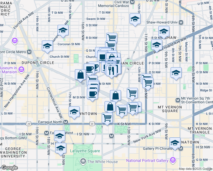map of restaurants, bars, coffee shops, grocery stores, and more near 1420 N Street Northwest in Washington